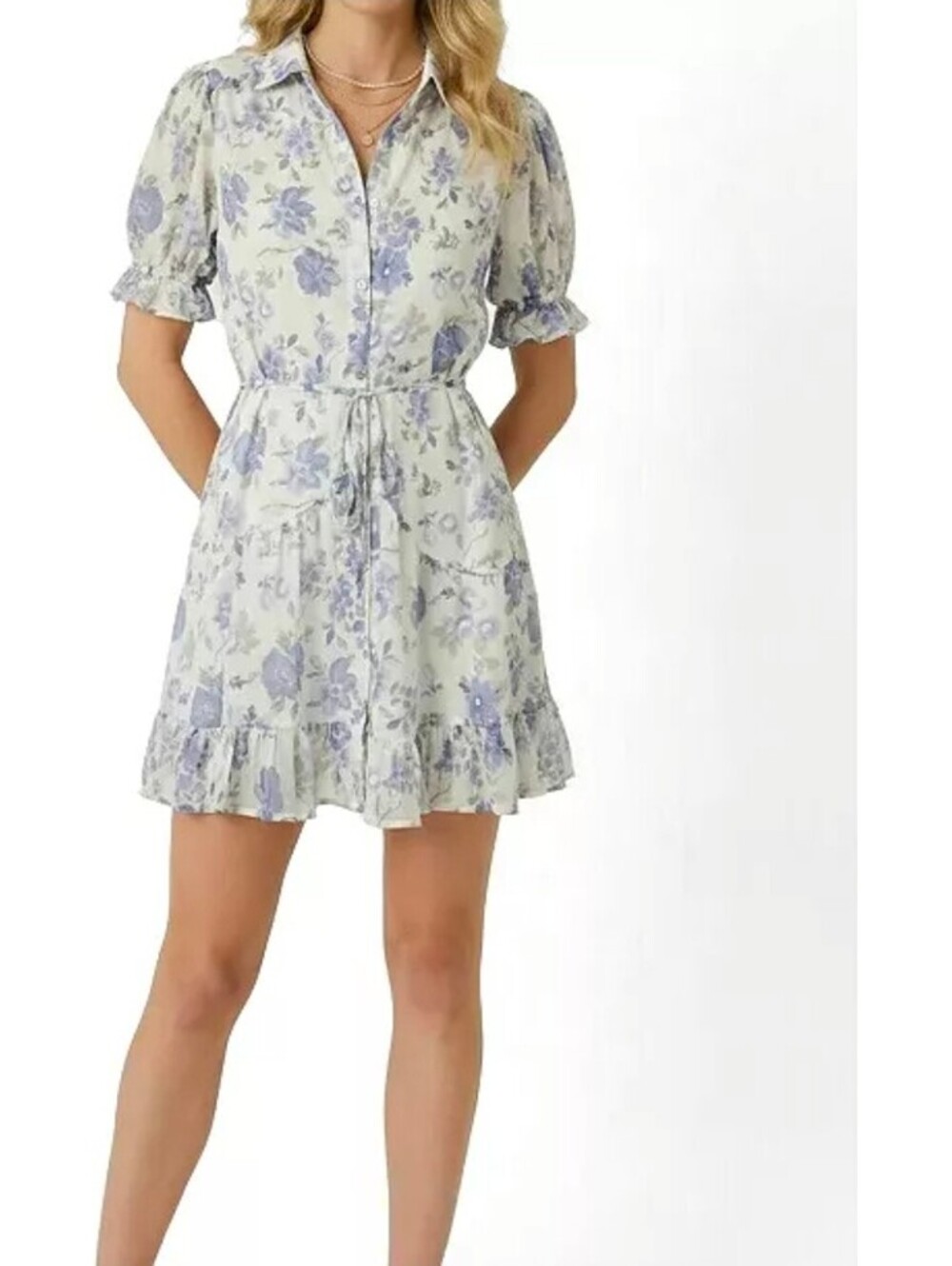 Modenaire Floral Tie-Waist Shirt Dress with Puff Sleeves and Ruffle Hem, Size M